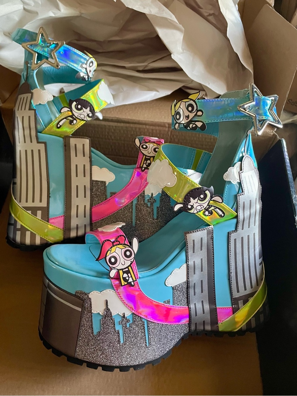 Dolls Kill The Powerpuff Girls Blue Holographic Platform Sandals size 8 NEW